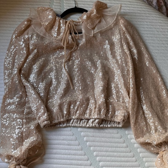 NWT Nicole Bathie/Antonio Melani CHAMPAGNE GOLD SEQUIN Shelby Blouse Small - Picture 2 of 4